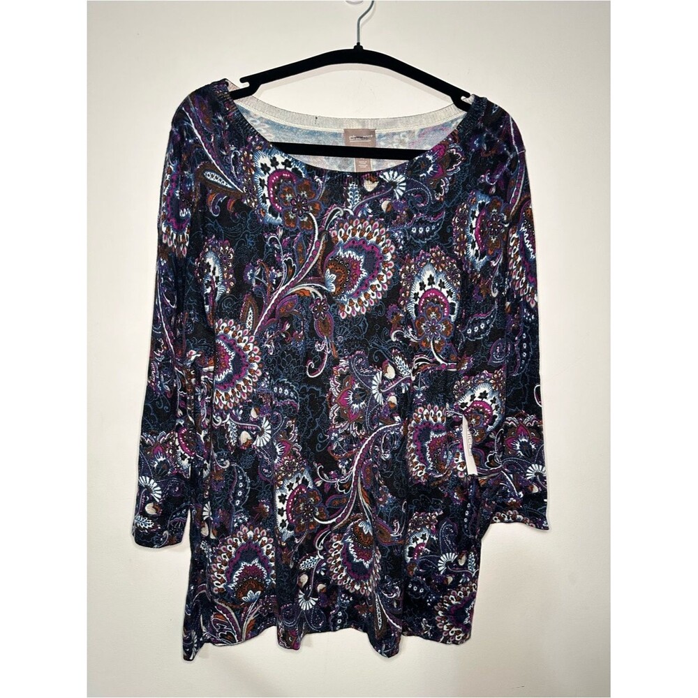 Chico’s Floral Patten Boat Neck Top SZ 4 Pullover 3/4 Sleeve Multi